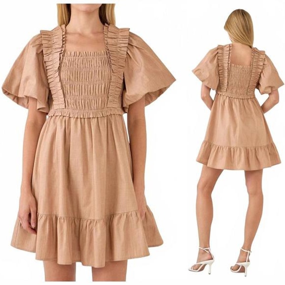ENGLISH FACTORY | Fall Ruffle Square Neck Mini Dress in Tan | Size Small - Picture 2 of 10